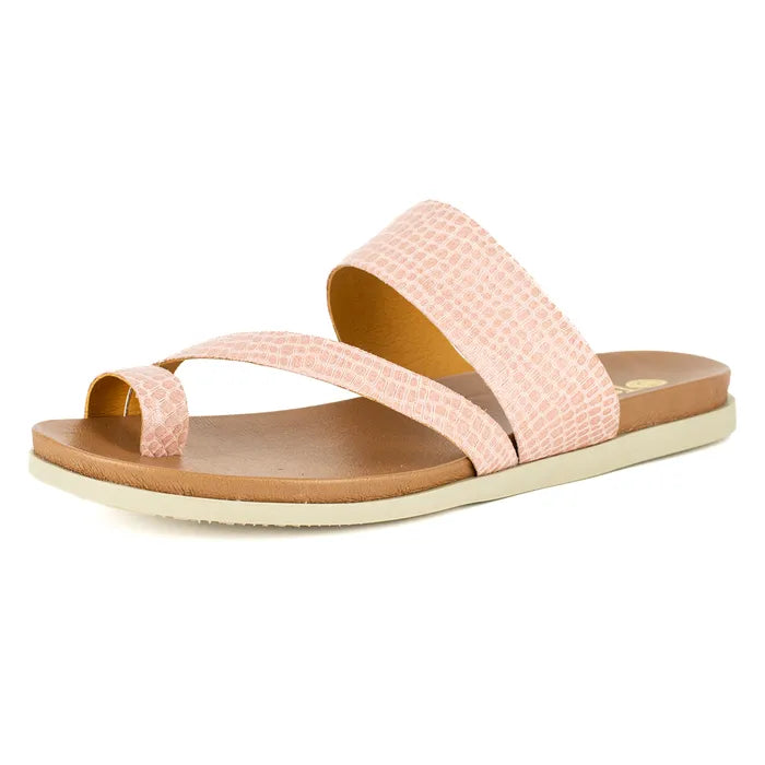 Pink sandal with a brown sole on a white background