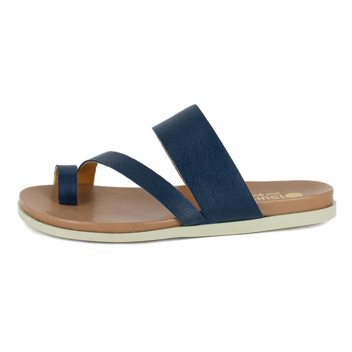Navy sandal with a tan sole on a white background
