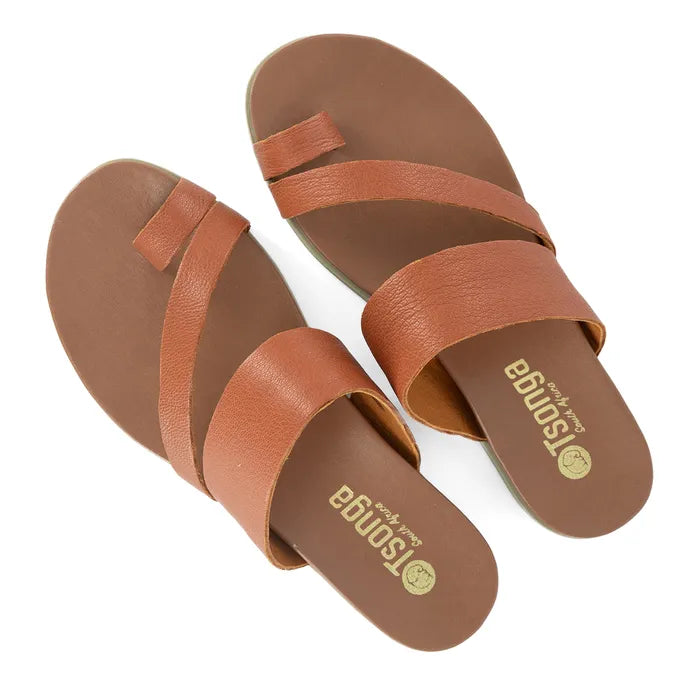 Pair of brown sandals with 'Tsonga' branding on a white background