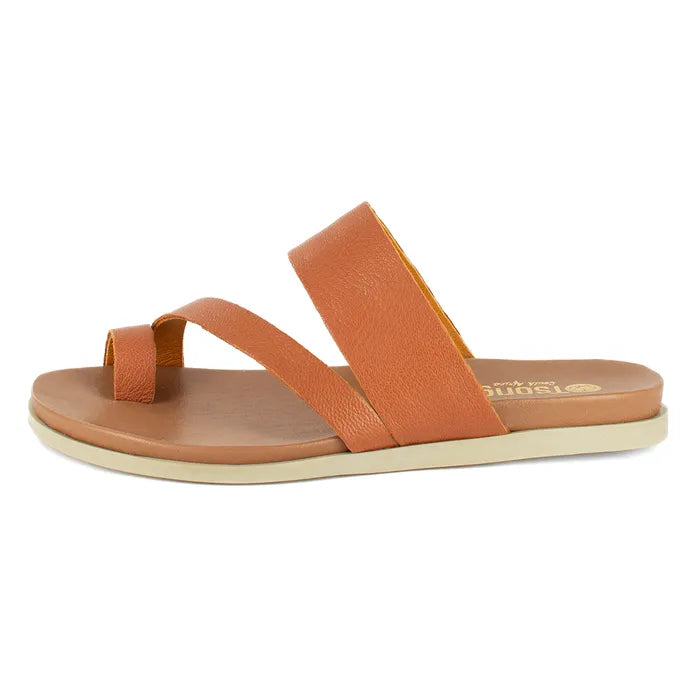 Brown sandal with a off-white sole on a white background