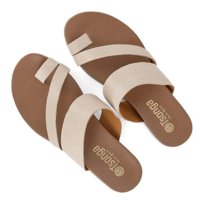 Pair of brown and beige sandals with 'Tsonga' branding on a white background