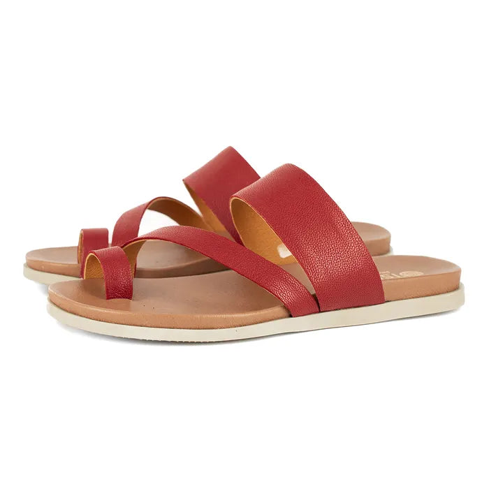 Red sandals with a white sole on a white background