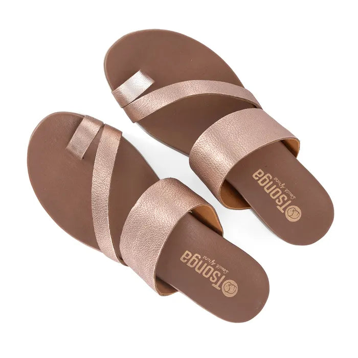 Pair of rose gold sandals with 'Tsonga' branding on a white background