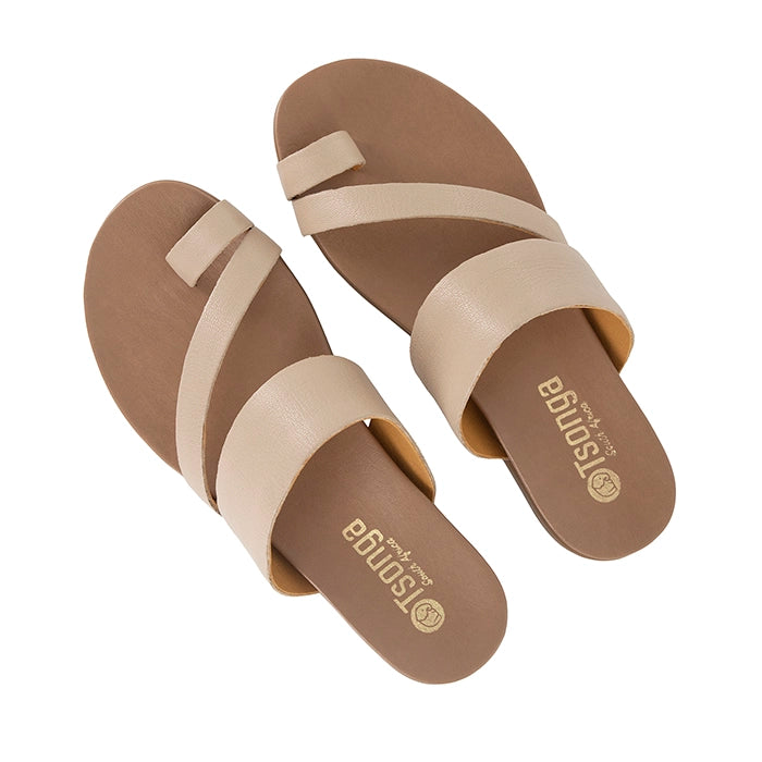 Pair of beige sandals with 'Tsonga' branding on a white background