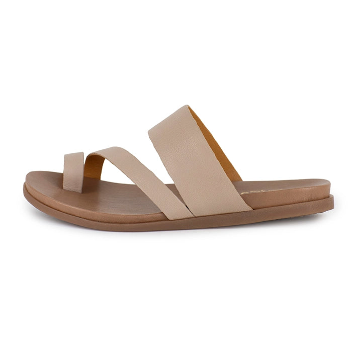 Beige sandal with two straps on a white background
