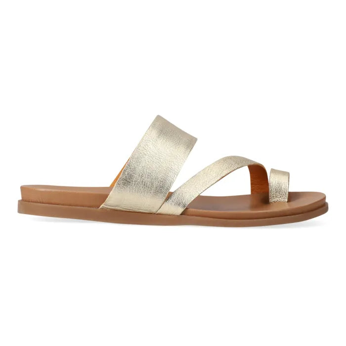 Pair of gold sandals on a white background