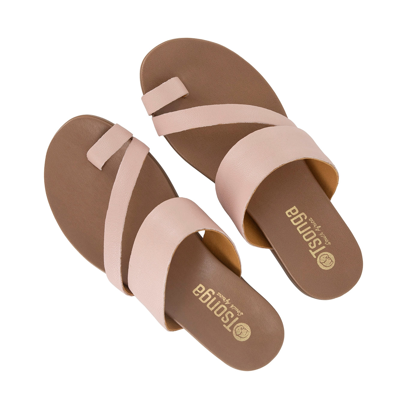 Pair of pink sandals with 'Tsonga' branding on a white background
