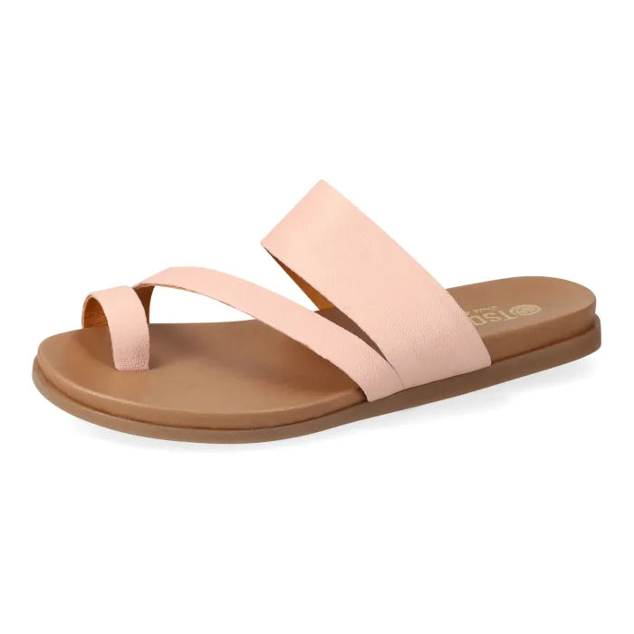 Pair of light pink sandals on a white background