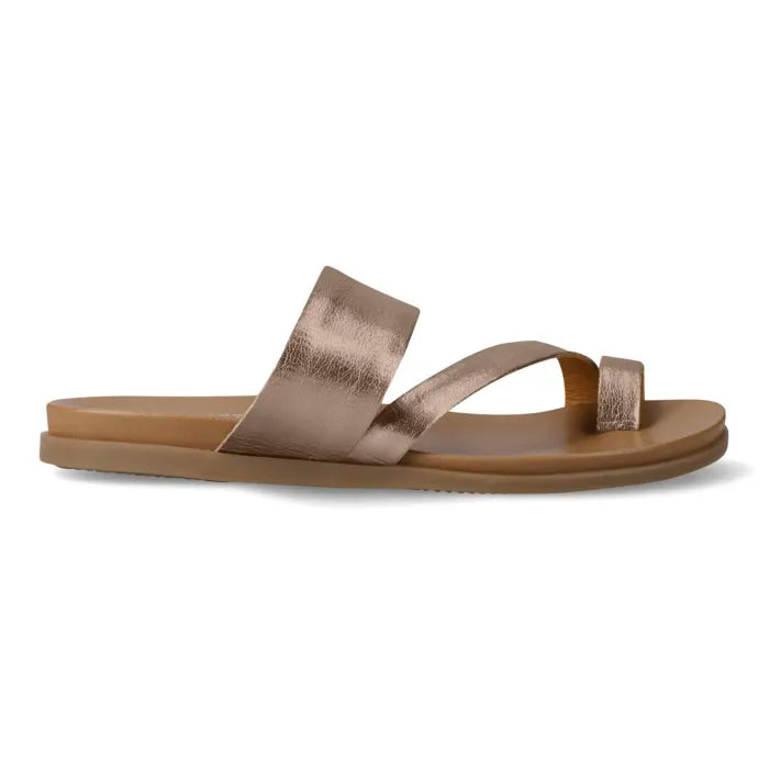 A minimalist two-strap flat sandal with metallic rose gold straps and a tan sole, shown in a side profile on a white background.