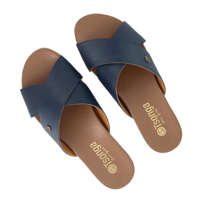 Pair of blue sandals with off-white soles on a white background