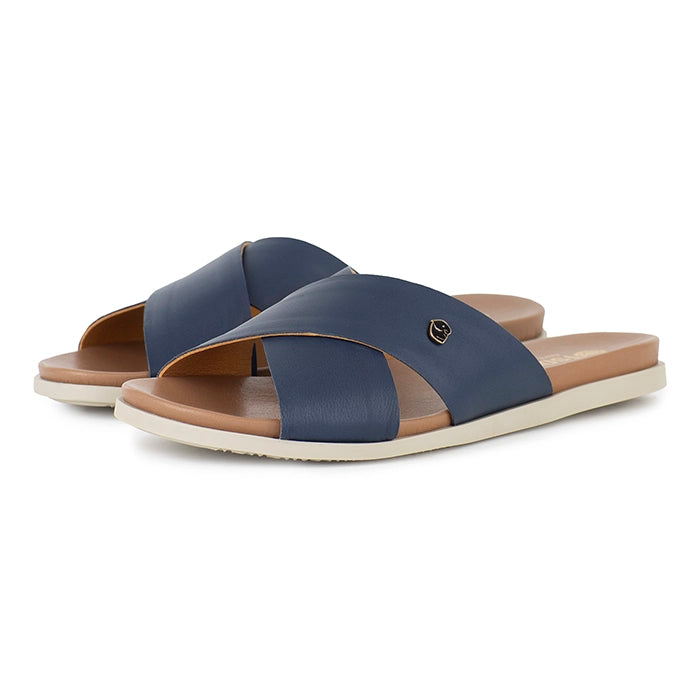 Pair of navy sandals with off-white soles on a white background