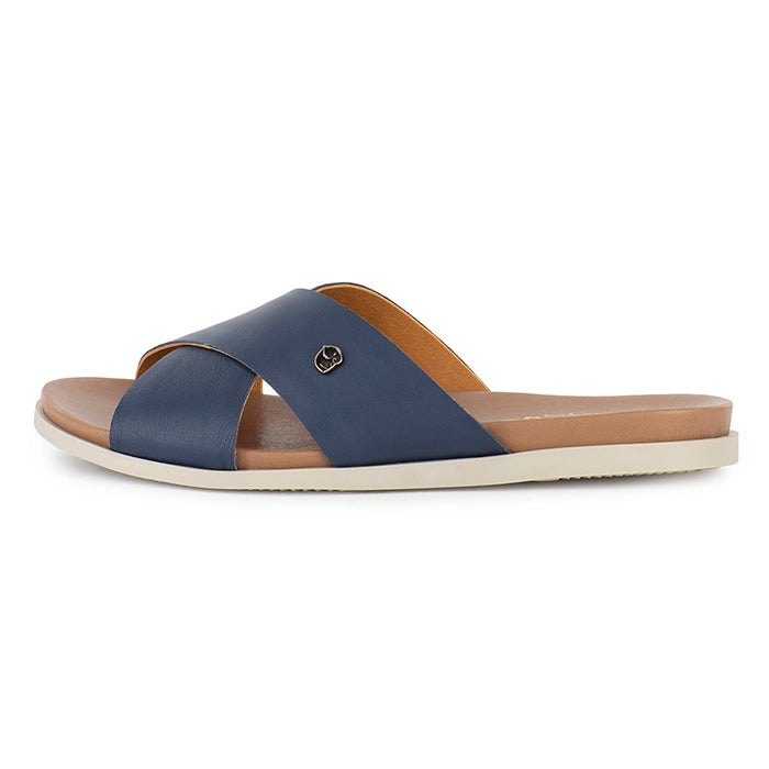 Navy sandal with off-white sole on a white background