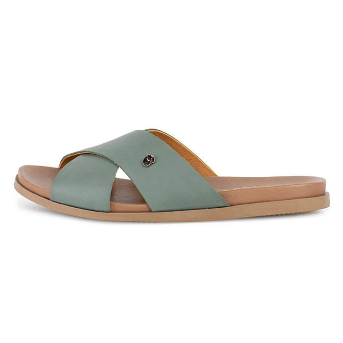 Green sandal with tan sole on a white background