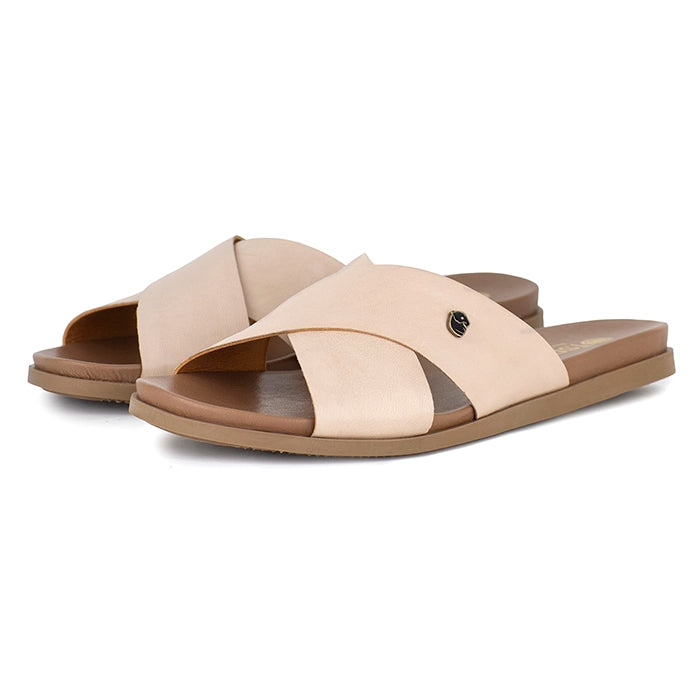 Beige sandal with a tan sole on a white background