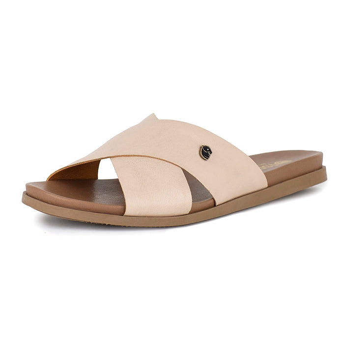 Beige sandal with a tan sole on a white background