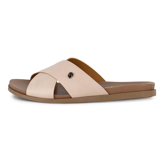 Beige sandal with a tan sole on a white background