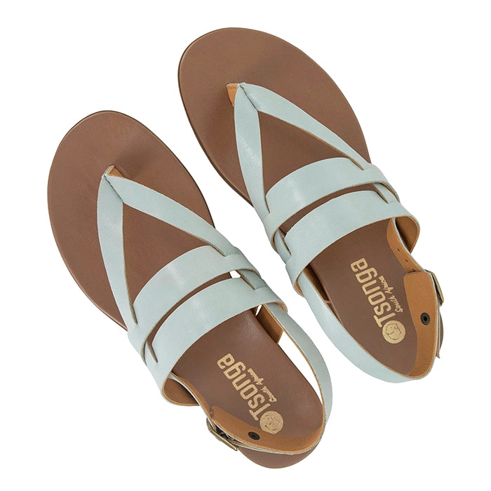Pair of sandals with pale blue straps and brown soles on a white background