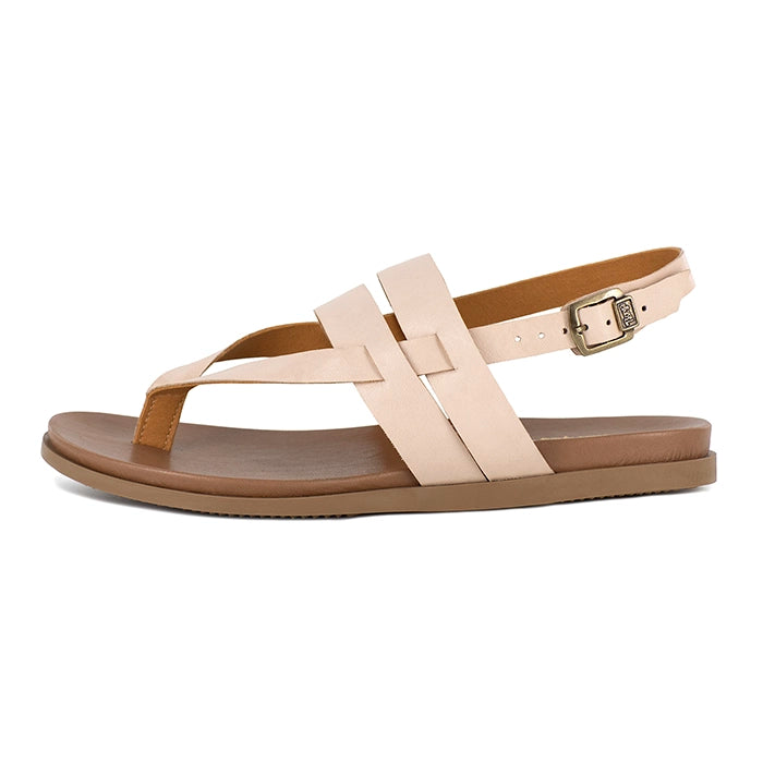 Pink sandal with a brown sole on a white background