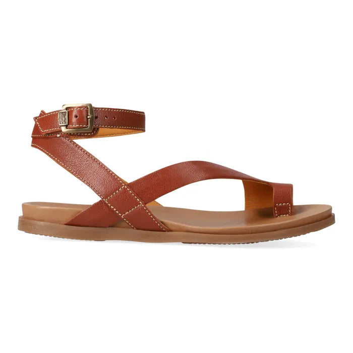 Pair of brown sandals with ankle strap on a white background