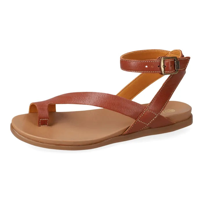 Pair of brown sandals with ankle strap on a white background
