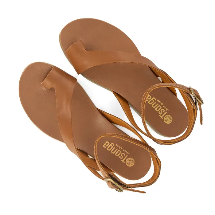 Pair of brown sandals with a visible brand logo on a white background