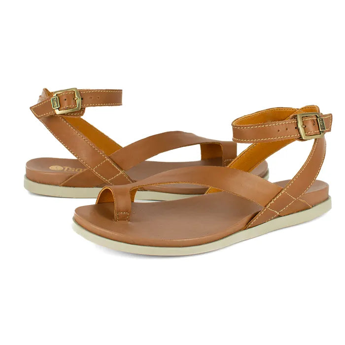 Pair of brown sandals with gold buckles on a white background