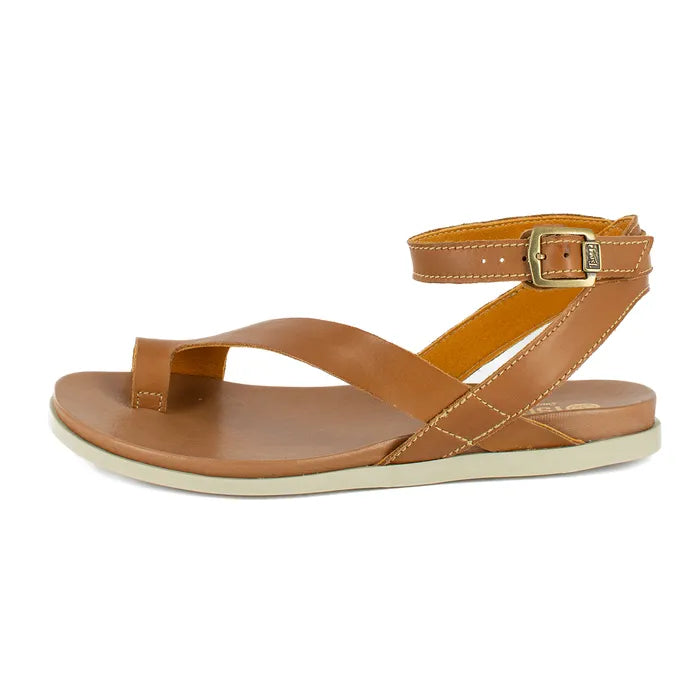 Brown sandal with a gold buckle on a white background