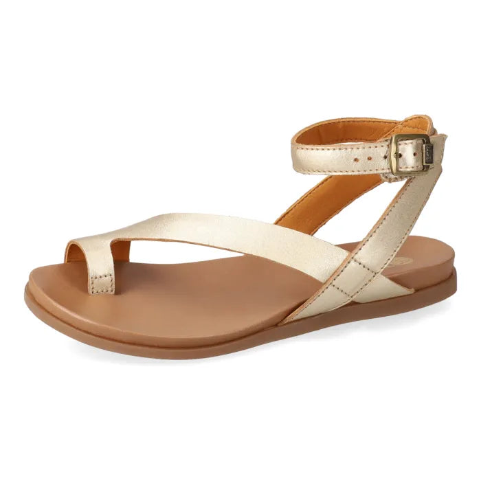 Pair of gold sandals with ankle strap on a white background