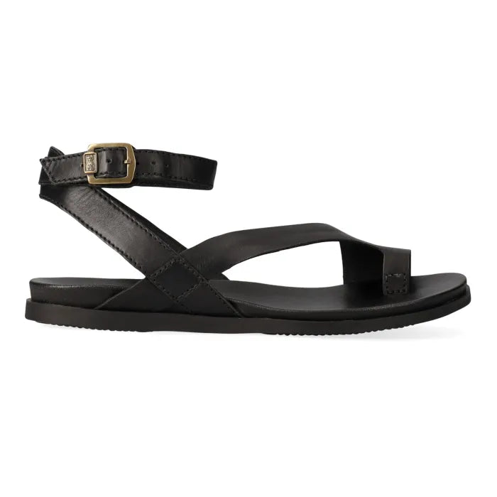 Pair of black sandals with ankle strap on a white background