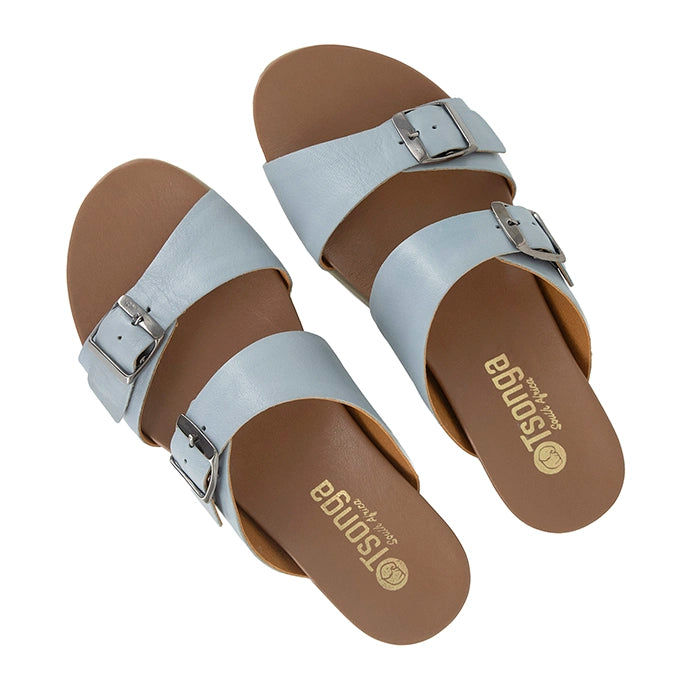 Pair of sandals with tan soles and light blue straps on a white background