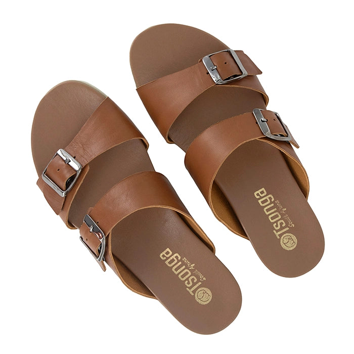 Pair of brown sandals with buckles on a white background