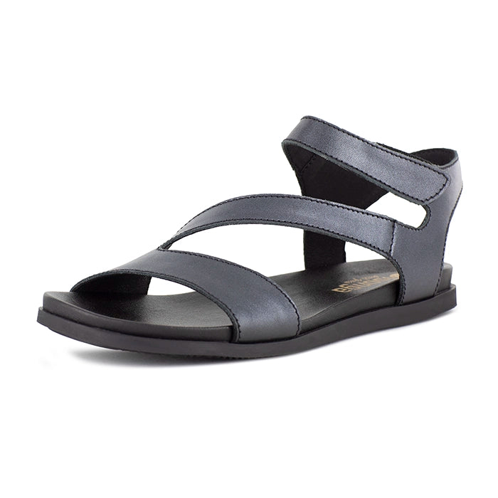 Black metallic sandal with multiple straps on a white background