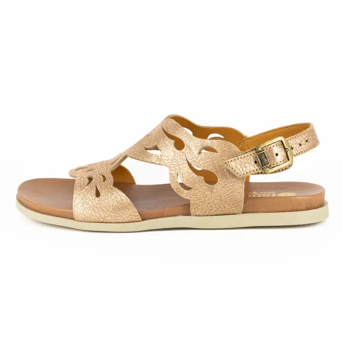 Gold sandal with cut-out design on a white background