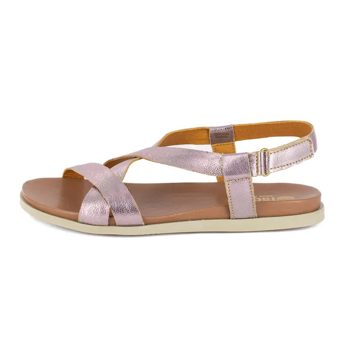 Pink sandal with a tan sole on a white background