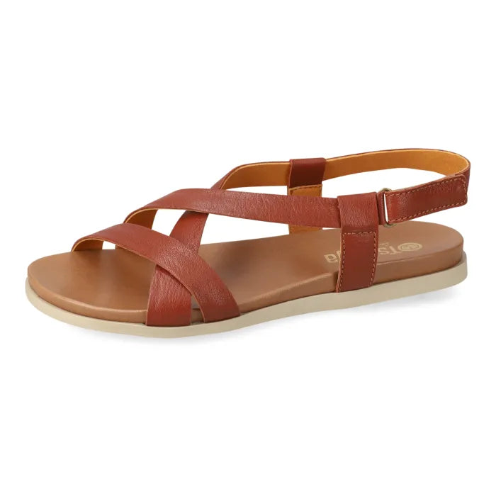 Brown sandals with multiple straps on a white background