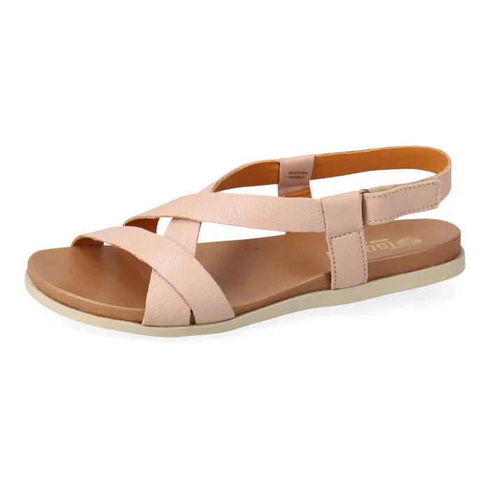 Pink sandals with multiple straps on a white background