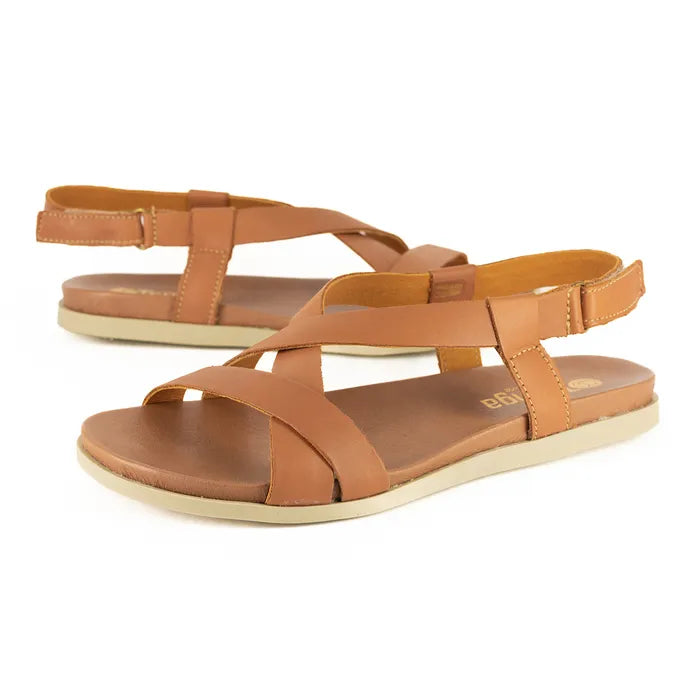 Pair of tan sandals on a white background