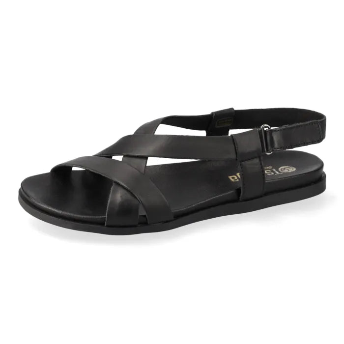 Black sandal with criss-cross straps on a white background