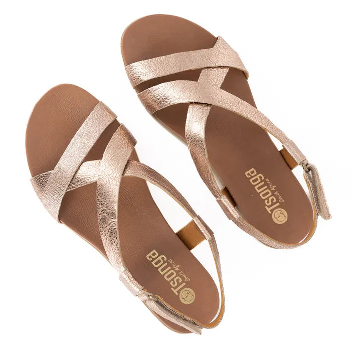 Rose gold sandals with 'Tsonga' branding on a white background
