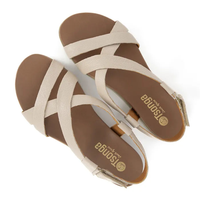 Pair of brown and beige sandals with 'Tsonga' branding on a white background
