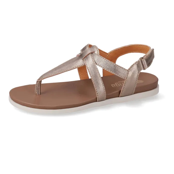 Brown sandal with metallic straps on a white background