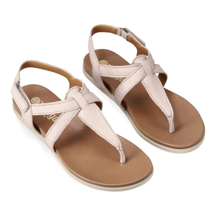 Pair of beige sandals with a white background
