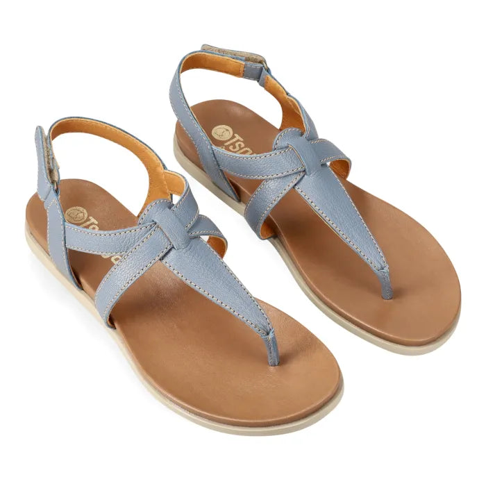 Pair of light blue sandals with off-white soles on a white background