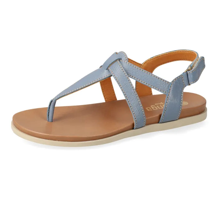 Pair of light blue sandals with off-white soles on a white background