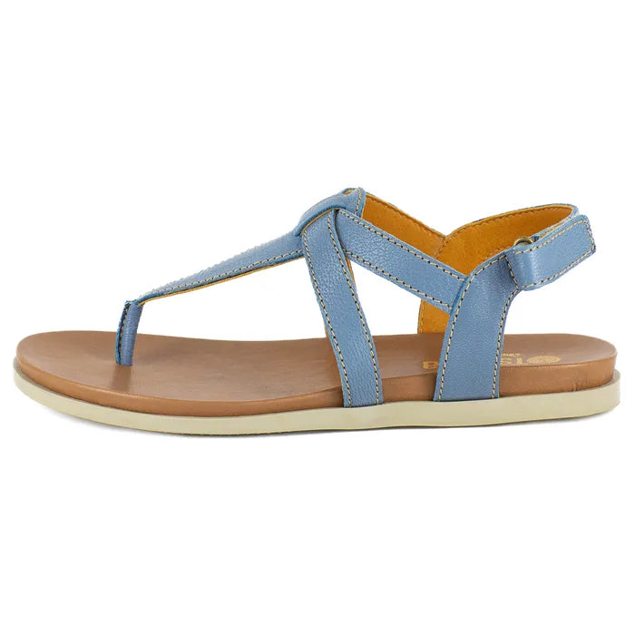 Blue sandal with tan sole on a white background