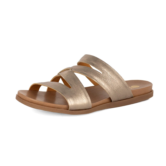 Gold sandal with a brown sole on a white background