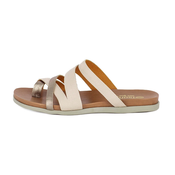 Beige sandal with multiple straps on a white background