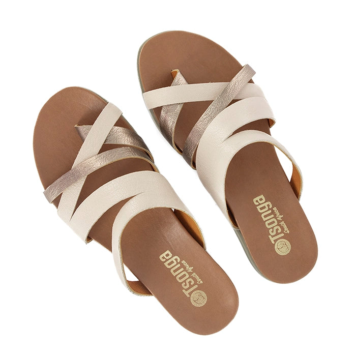 Pair of sandals with multiple straps on a white background