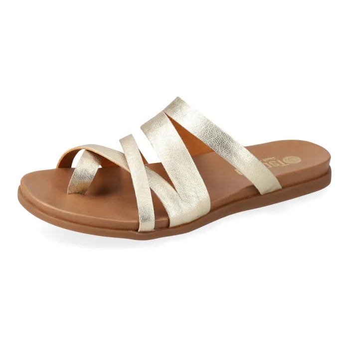 Gold sandals with multiple straps on a white background