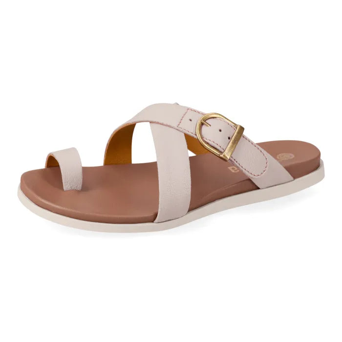 Sandal with cream straps and gold buckle on a white background